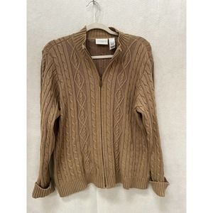 Liz Claiborne Sweater Womens Large tan- brown Zip Up Cardigan Liz Sport Cotton